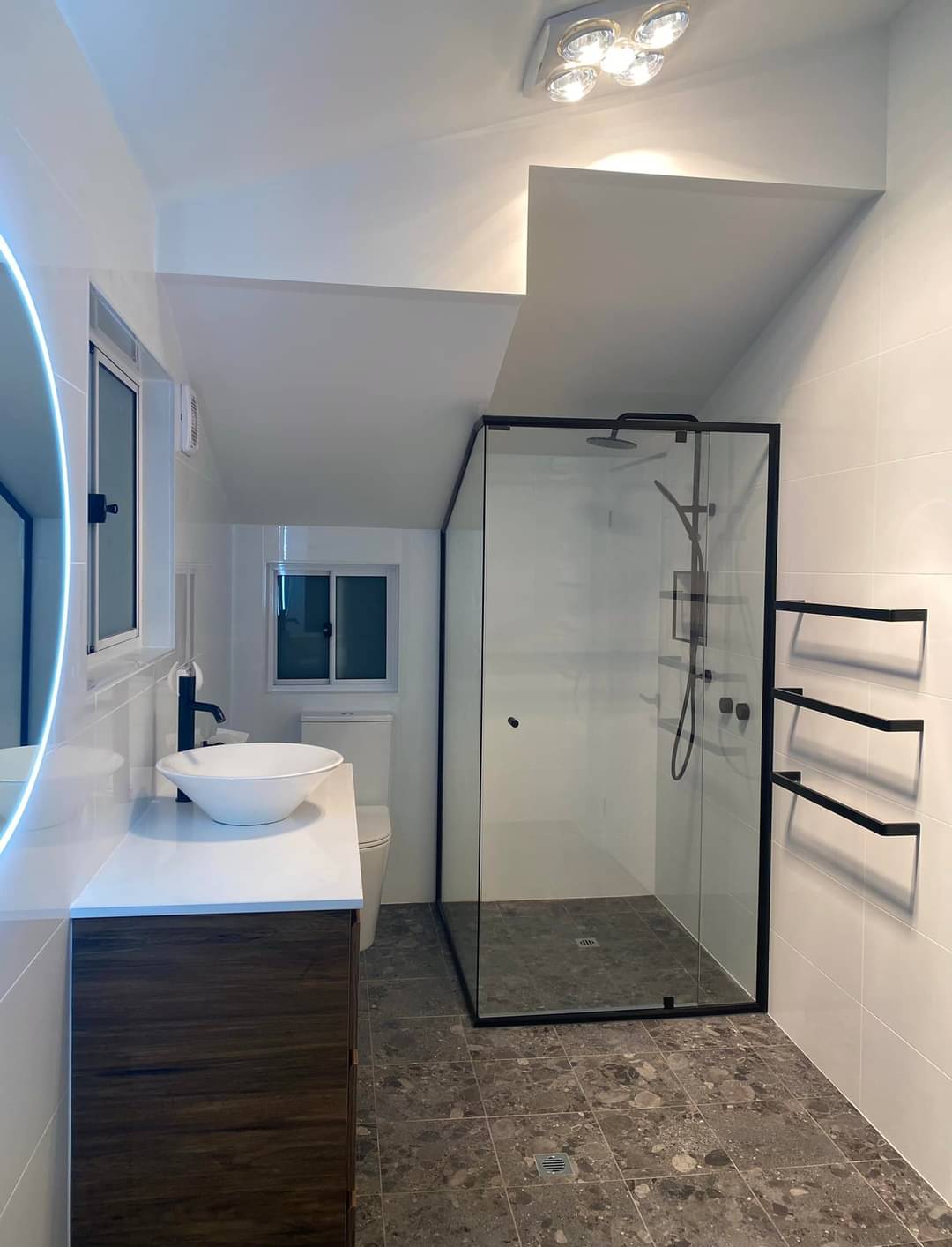 Semi-frameless shower screen and mirror fitted in a modern Shoalhaven bathroom